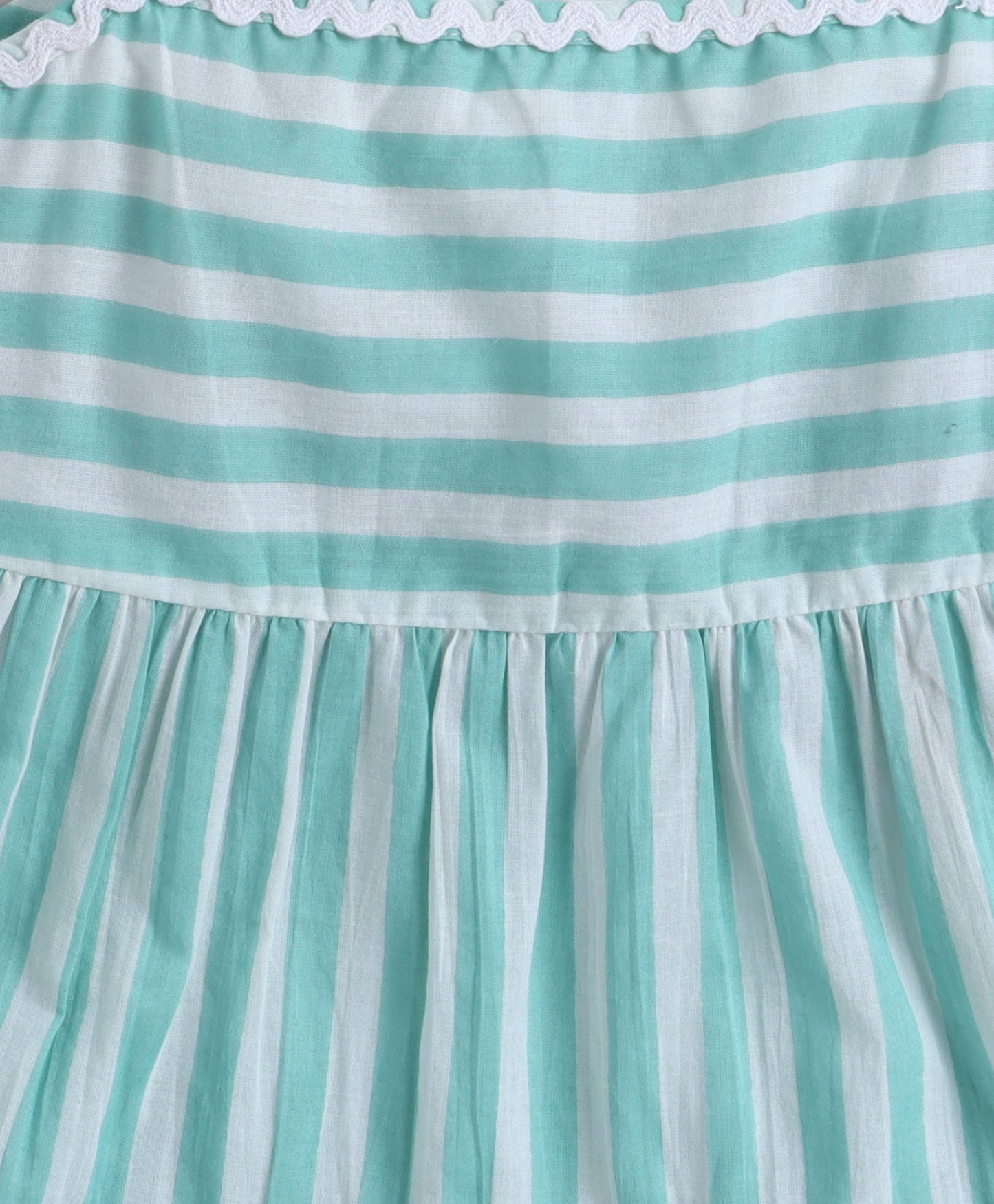 The Magic Wand Cotton Woven Strappy Stripes Printed Ric Rac Tiered Dress - Mint Green