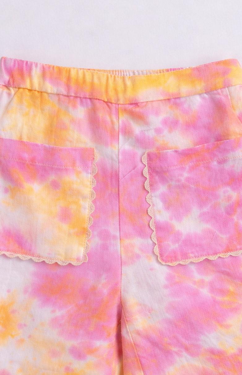 The Magic Wand Woven Half Sleeves Tie & Dye Ric Rac Co-ordinating Shirt And Pant Set - Pink