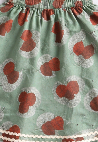 The Magic Wand Cotton Woven Strappy Leaf Printed Ric Rac Flared Top And Skirt Set - Olive Green