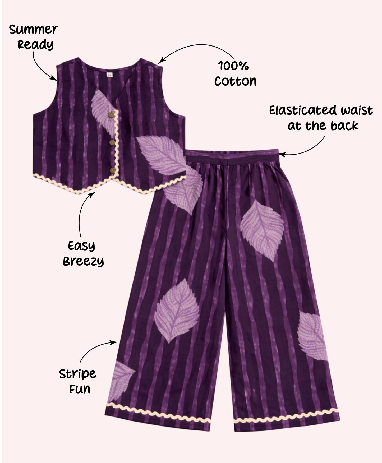 The Magic Wand Cotton Woven Sleeveless Leaf Printed Waistcoat Top And Pant Set - Purple