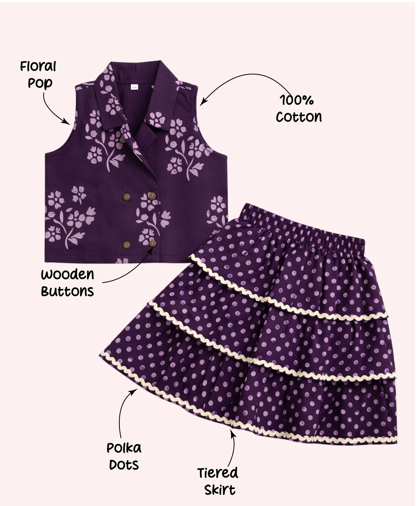 The Magic Wand Cotton Woven Sleeveless Floral Printed Waistcoat Top And Tiered Skirt Set - Purple