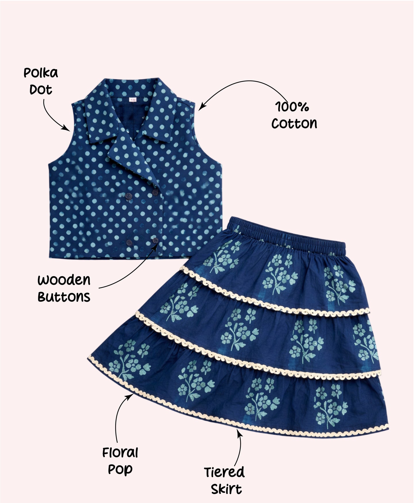 The Magic Wand Cotton Woven Sleeveless Polka Dots Waistcoat Top And Tiered Skirt Set - Teal Blue