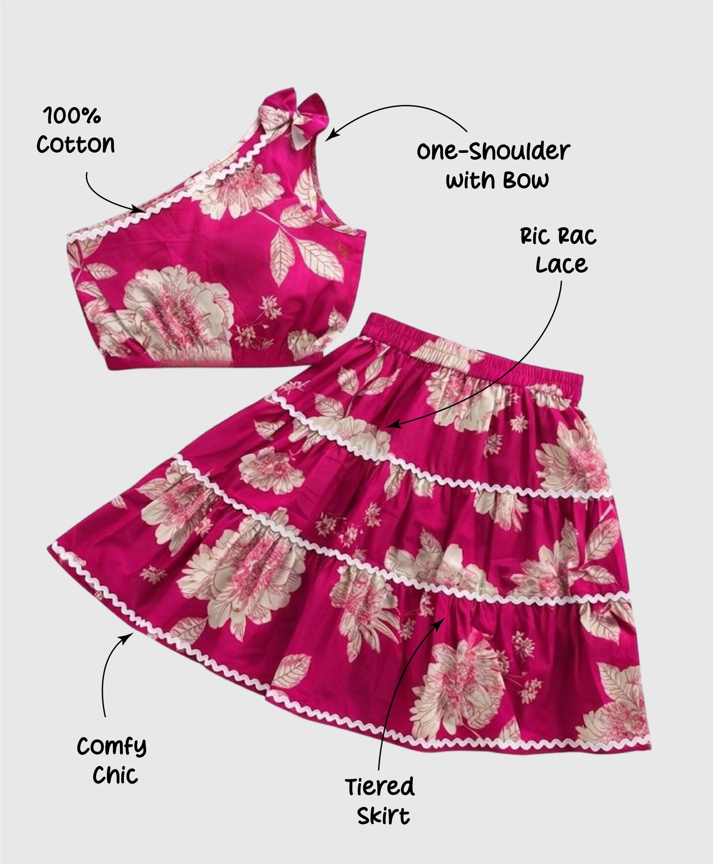 The Magic Wand Cambric Cotton Woven One Shoulder Floral Printed Laced Top And Tiered Skirt Set - Fuchsia