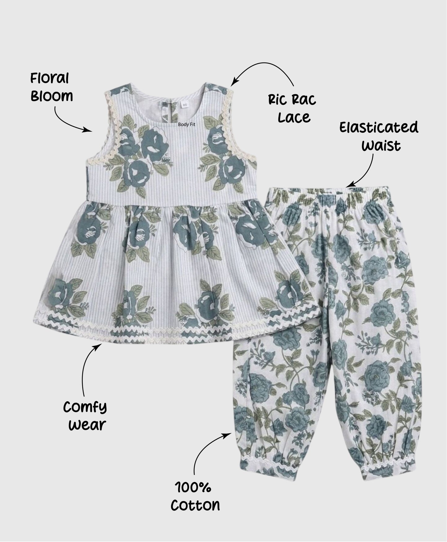 The Magic Wand Cambric Cotton Woven Sleeveless Floral Printed Kurta And Afghani Pant Set - Grey