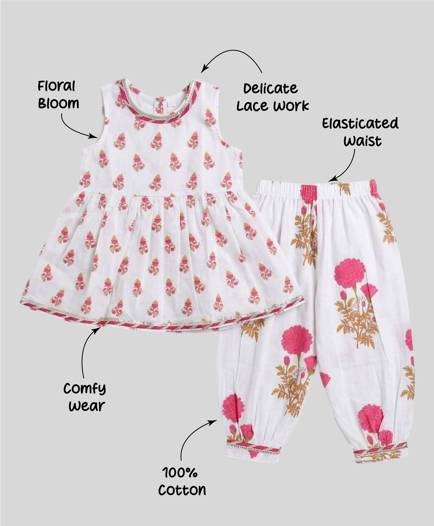 The Magic Wand Cambric Cotton Woven Sleeveless Floral Printed Kurta And Afghani Pant Set - Fuchsia