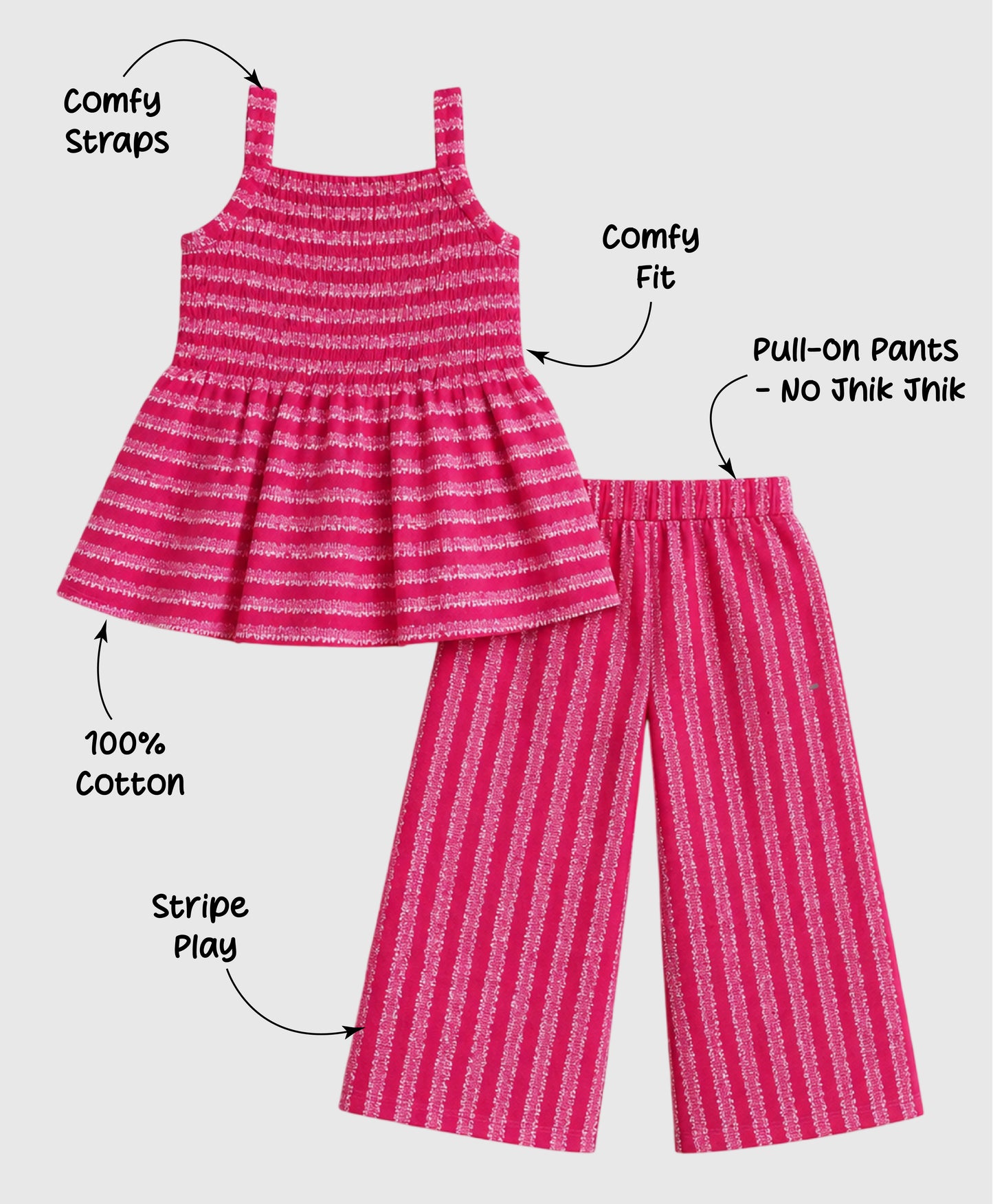 The Magic Wand Cotton Woven Strappy Stripes Printed Smocking Top And Pant Set - Fuchsia