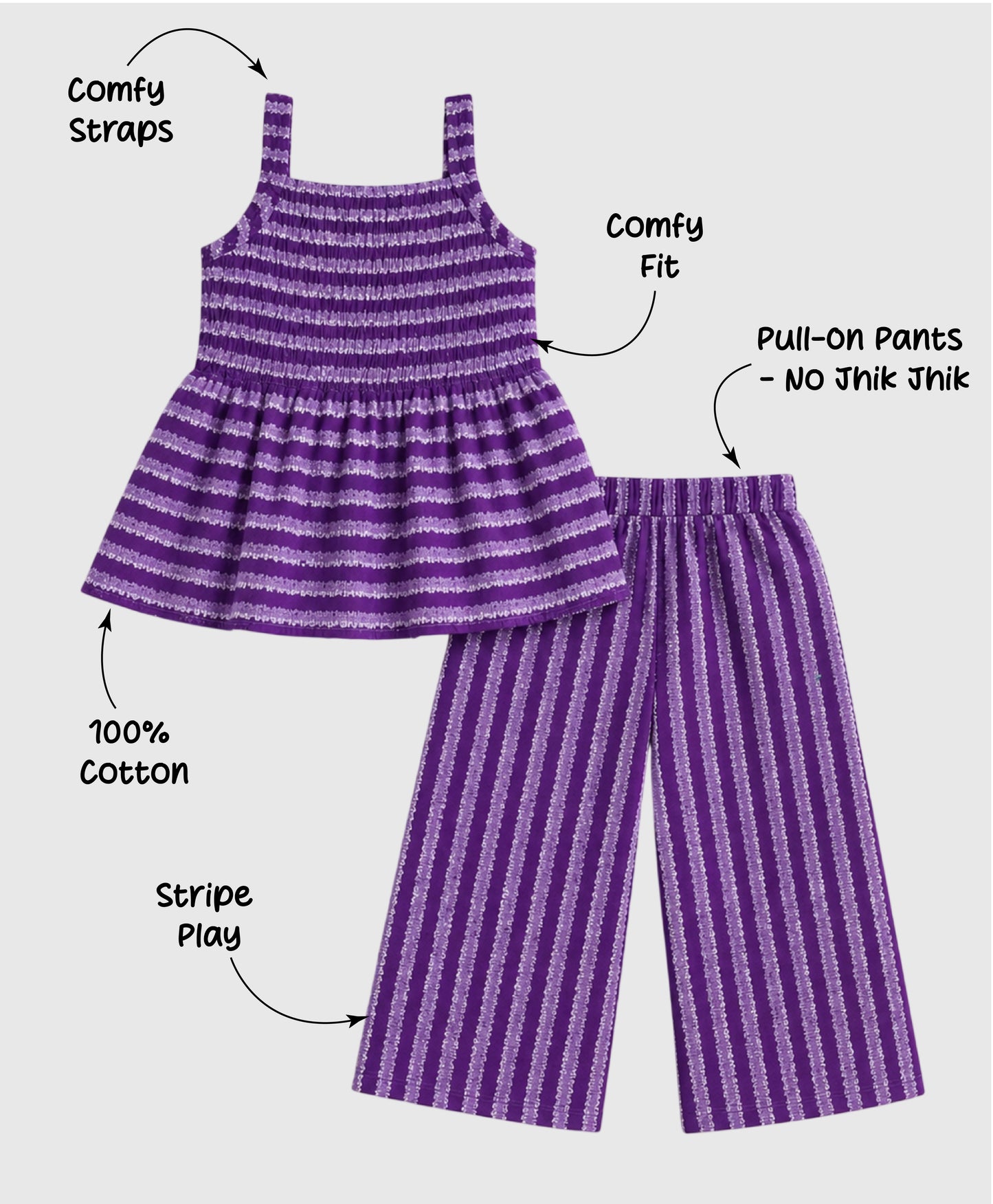 The Magic Wand Cotton Woven Strappy Stripes Printed Smocking Top And Pant Set - Purple