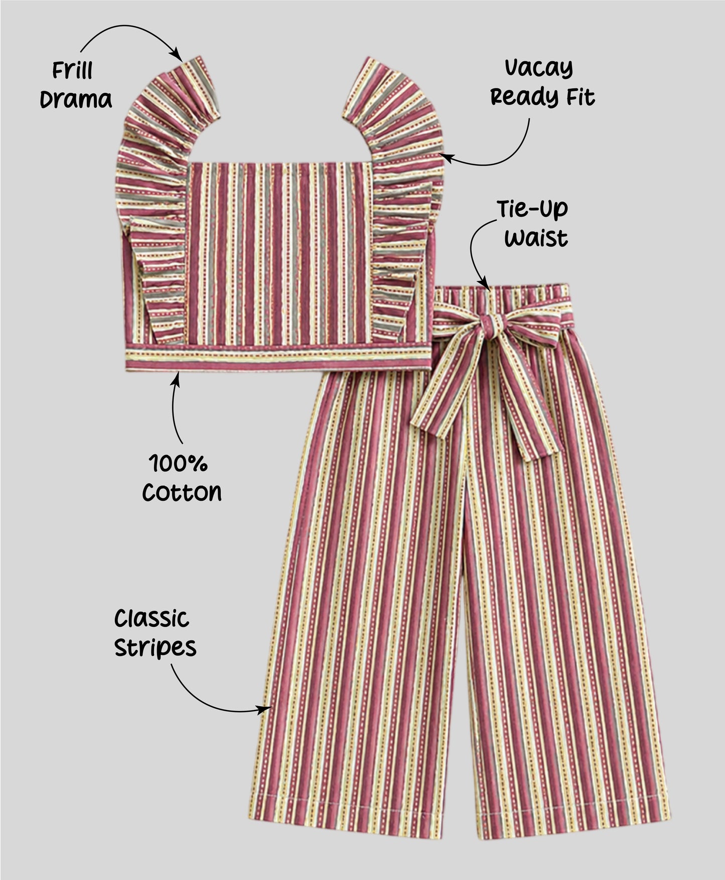 The Magic Wand Cotton Woven Ruffle Sleeves Stripes Printed Top And Waist Tie-Up Pant Set - Yellow