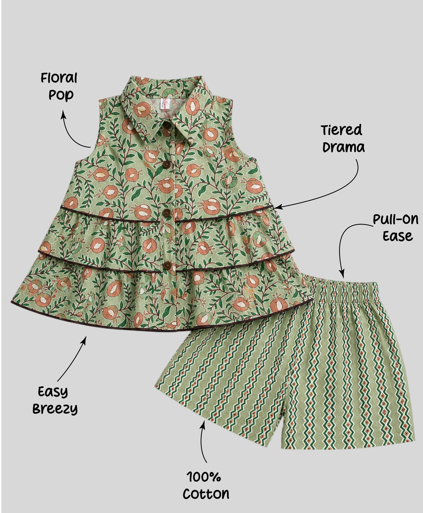 The Magic Wand Cotton Woven Sleeveless Floral Tiered Top And Shorts Set - Green