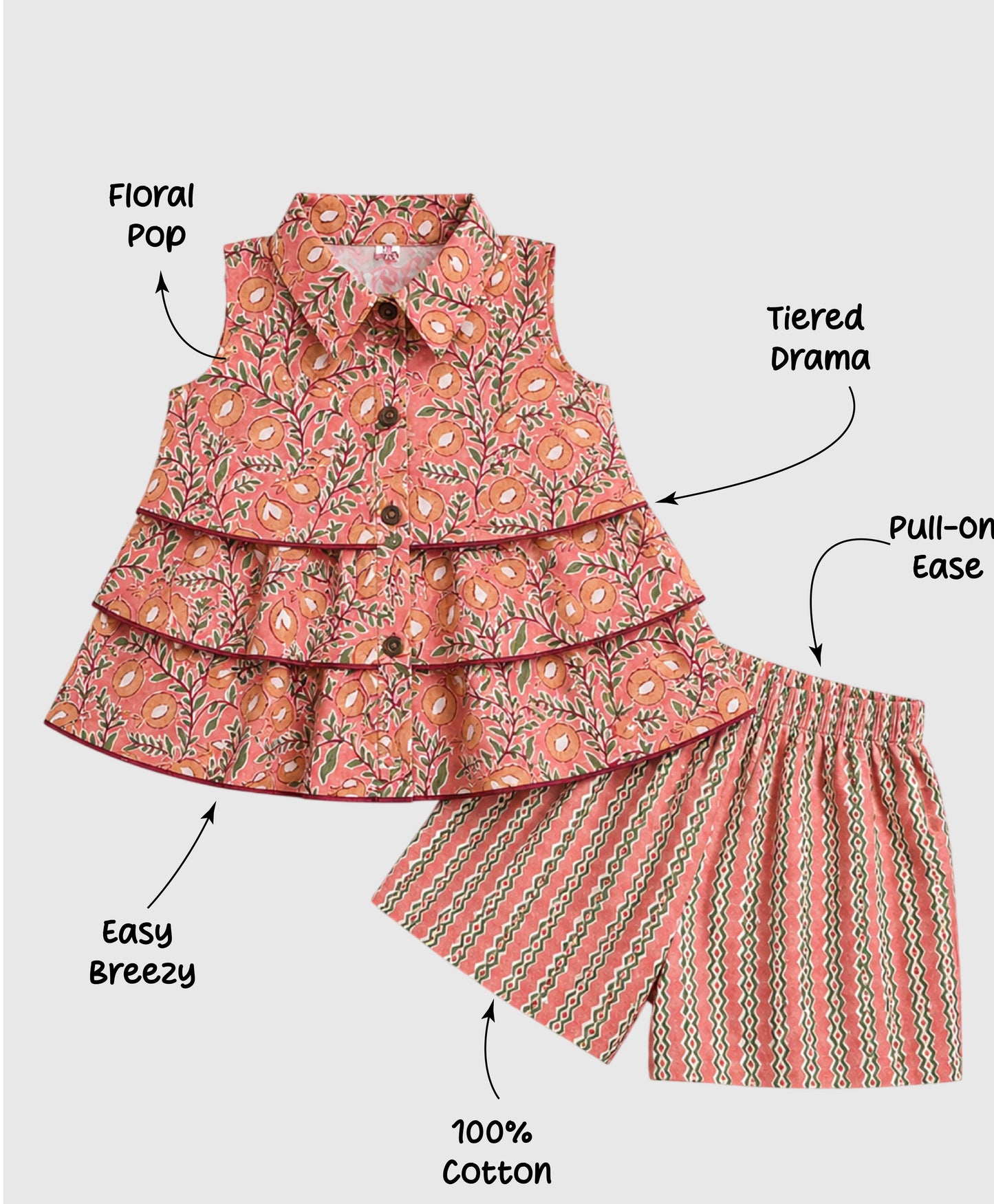 The Magic Wand Cotton Woven Sleeveless Floral Tiered Top And Shorts Set - Peach
