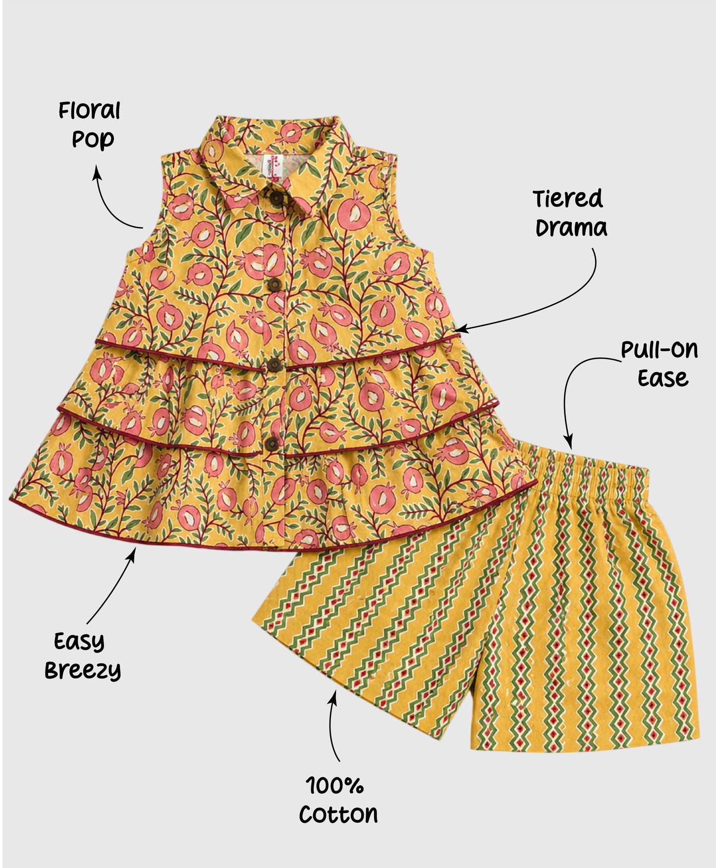 The Magic Wand Cotton Woven Sleeveless Floral Tiered Top And Shorts Set - Yellow