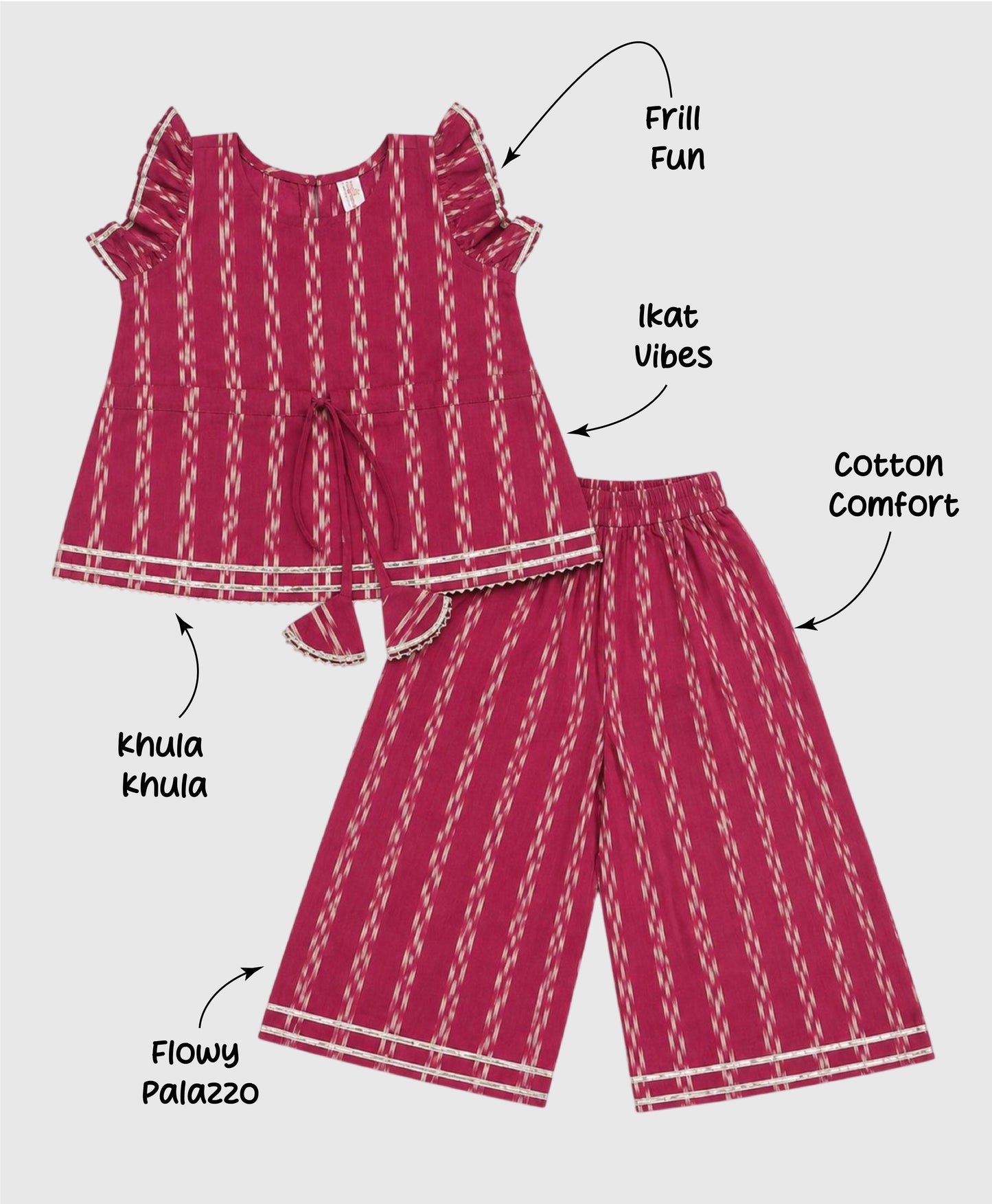 The Magic Wand Cotton Woven Ruffle Sleeves Ikat Print Laced Top And Pant Set - Dark Pink