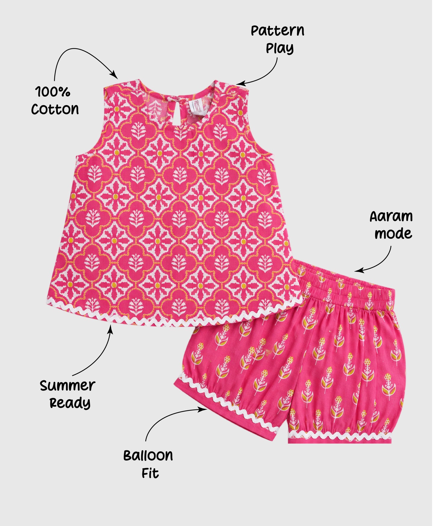 The Magic Wand Cotton Woven Sleeveless Floral Printed Laced Top And Shorts Loungewear Set-Peach