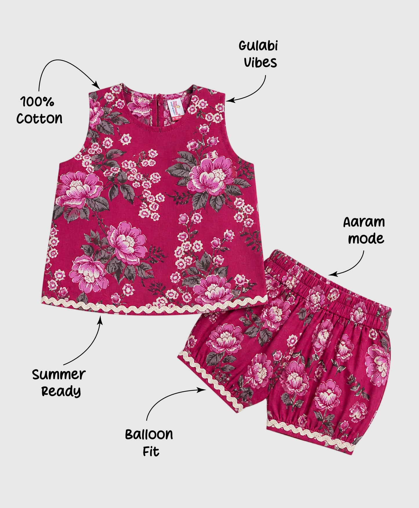 The Magic Wand Cotton Woven Sleeveless Rose Printed Laced Top And Shorts Loungewear Set- Magenta