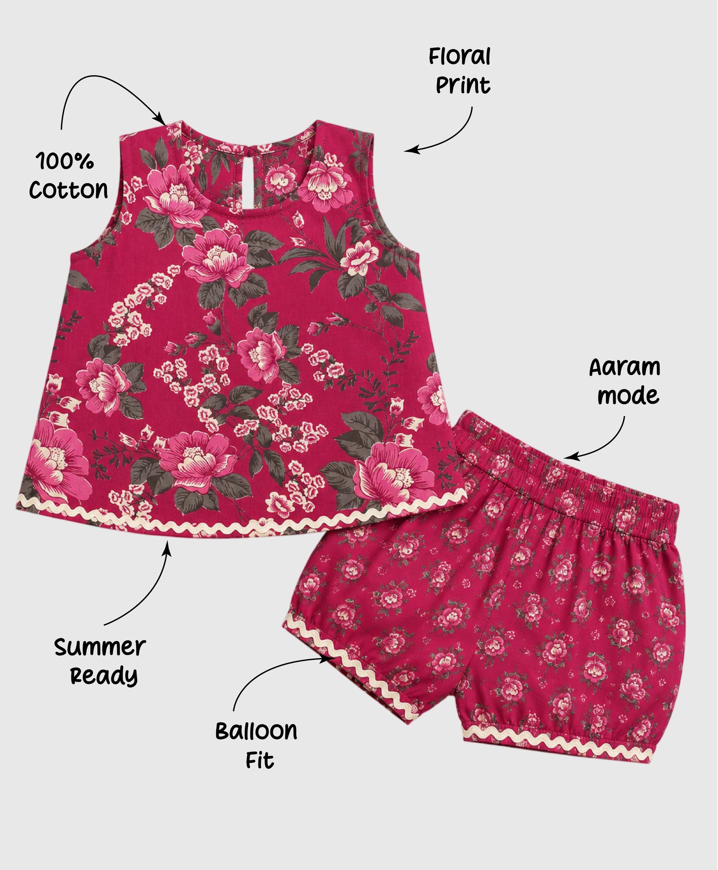 The Magic Wand Cotton Woven Sleeveless All Over Printed Laced Top And Shorts Loungewear Set-Maroon