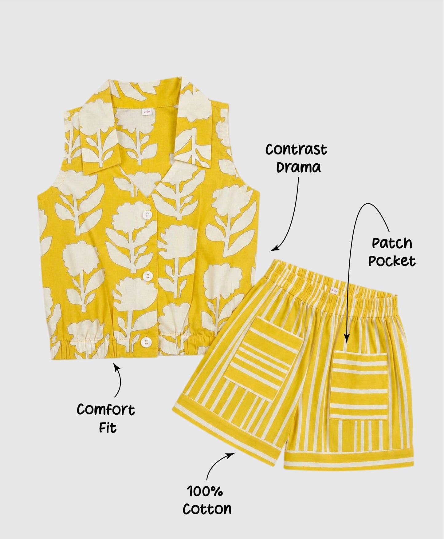 The Magic Wand Cotton Woven Sleeveless Floral Printed Collared Shirt And Stripes Shorts Set - Yellow