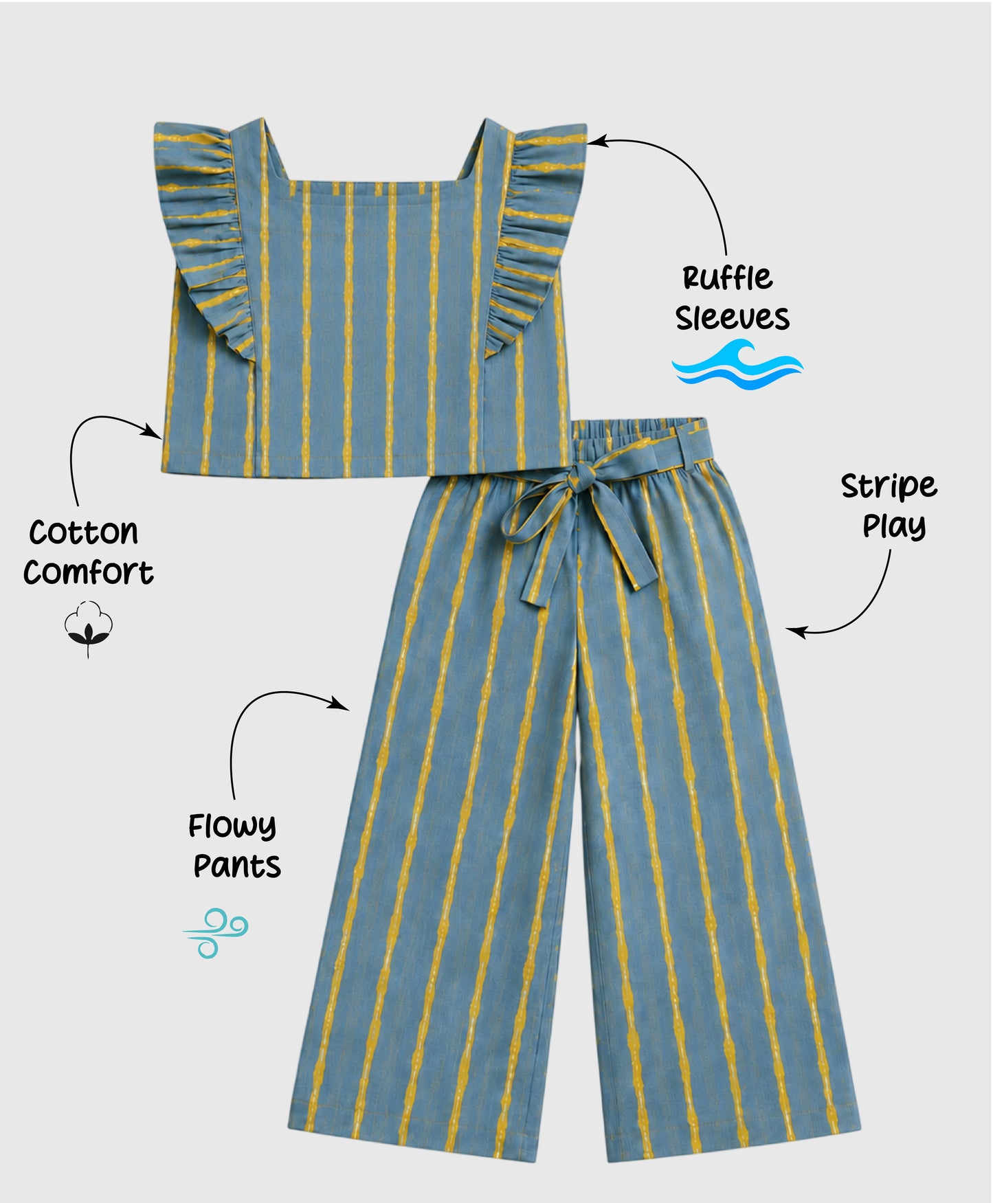 The Magic Wand Cotton Woven Ruffle Sleeves Striped Coordinating Top And Pant Set - Blue
