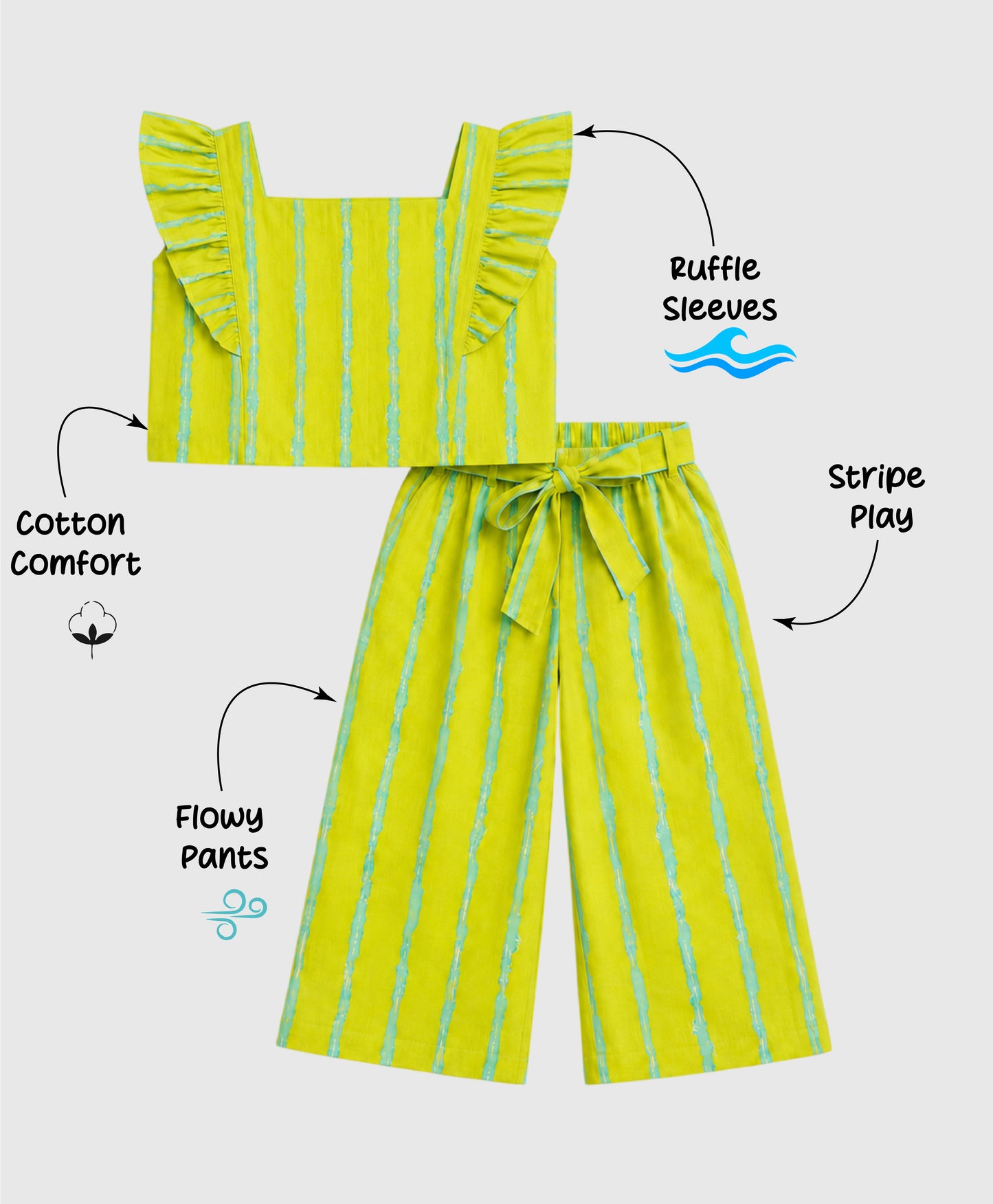 The Magic Wand Cotton Woven Ruffle Sleeves Striped Coordinating Top And Pant Set - Green