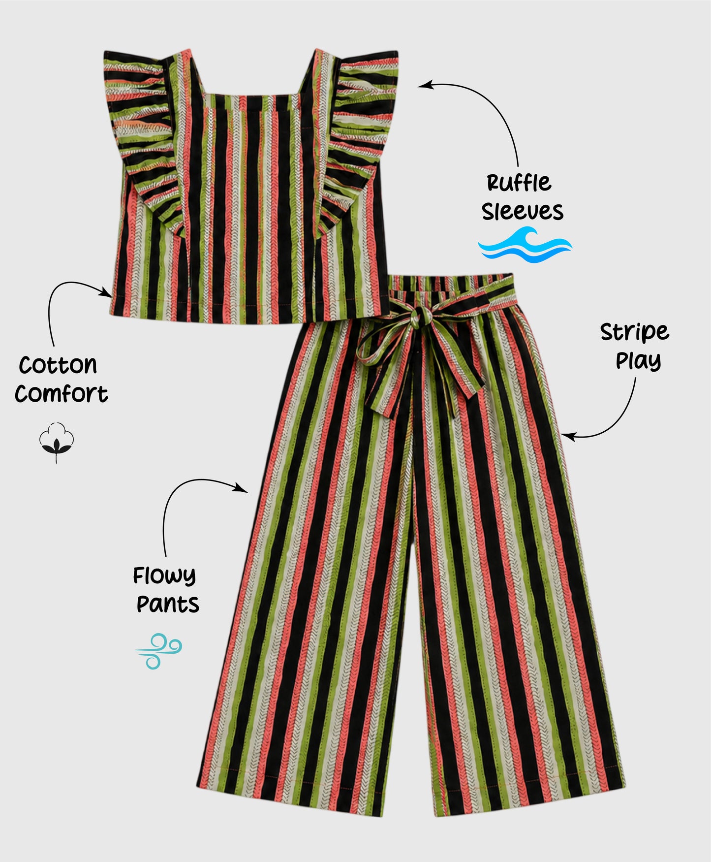 The Magic Wand Cotton Woven Ruffle Sleeves Striped Coordinating Top And Pant Set - Multi Color