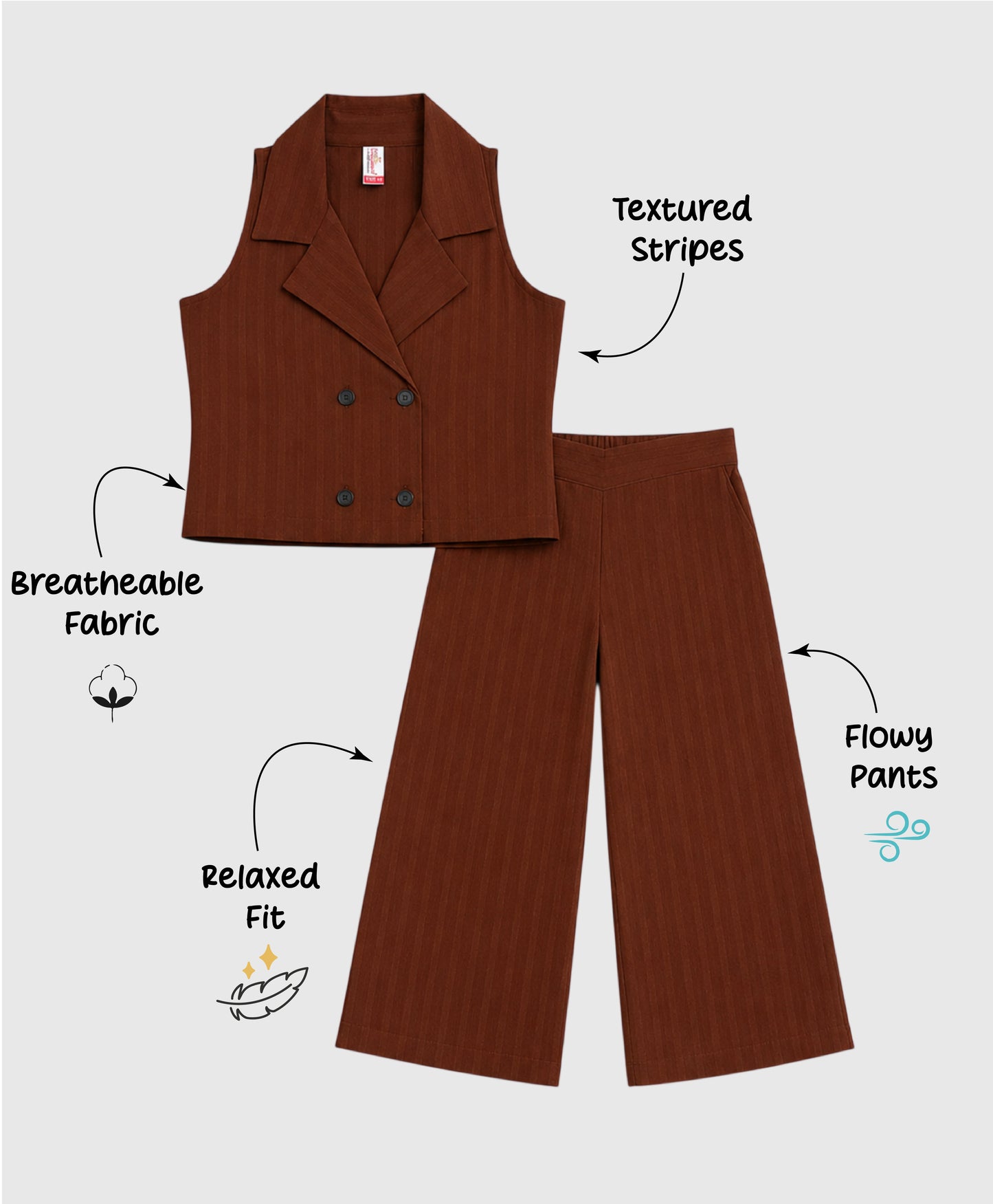 The Magic Wand Woven Sleeveless Textured Stripe Waistcoat Top And Pant Set - Brown
