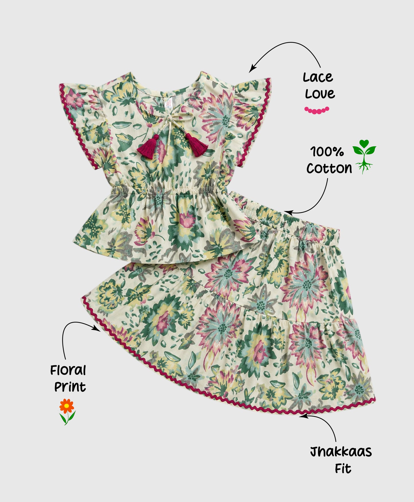The Magic Wand Cotton Woven Ruffle Sleeves Floral Printed Laced Peplum Top And Skirt Set - Multi Color