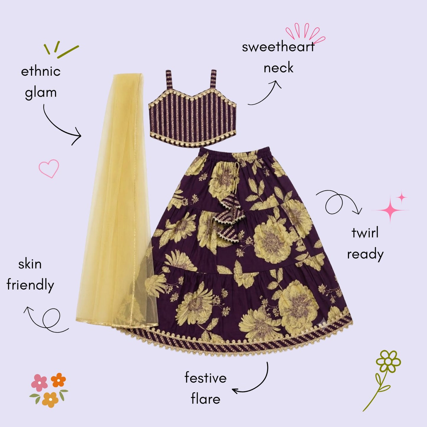 The Magic Wand Cambric Woven Laced Sweetheart Neck Choli And Floral Lehenga Set With Dupatta - Purple