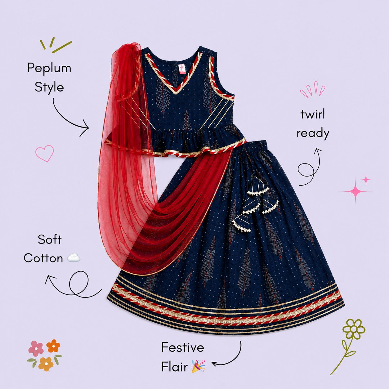 The Magic Wand Cambric Woven Laced Paisley Printed Choli And Lehenga Set With Dupatta - Dark Blue