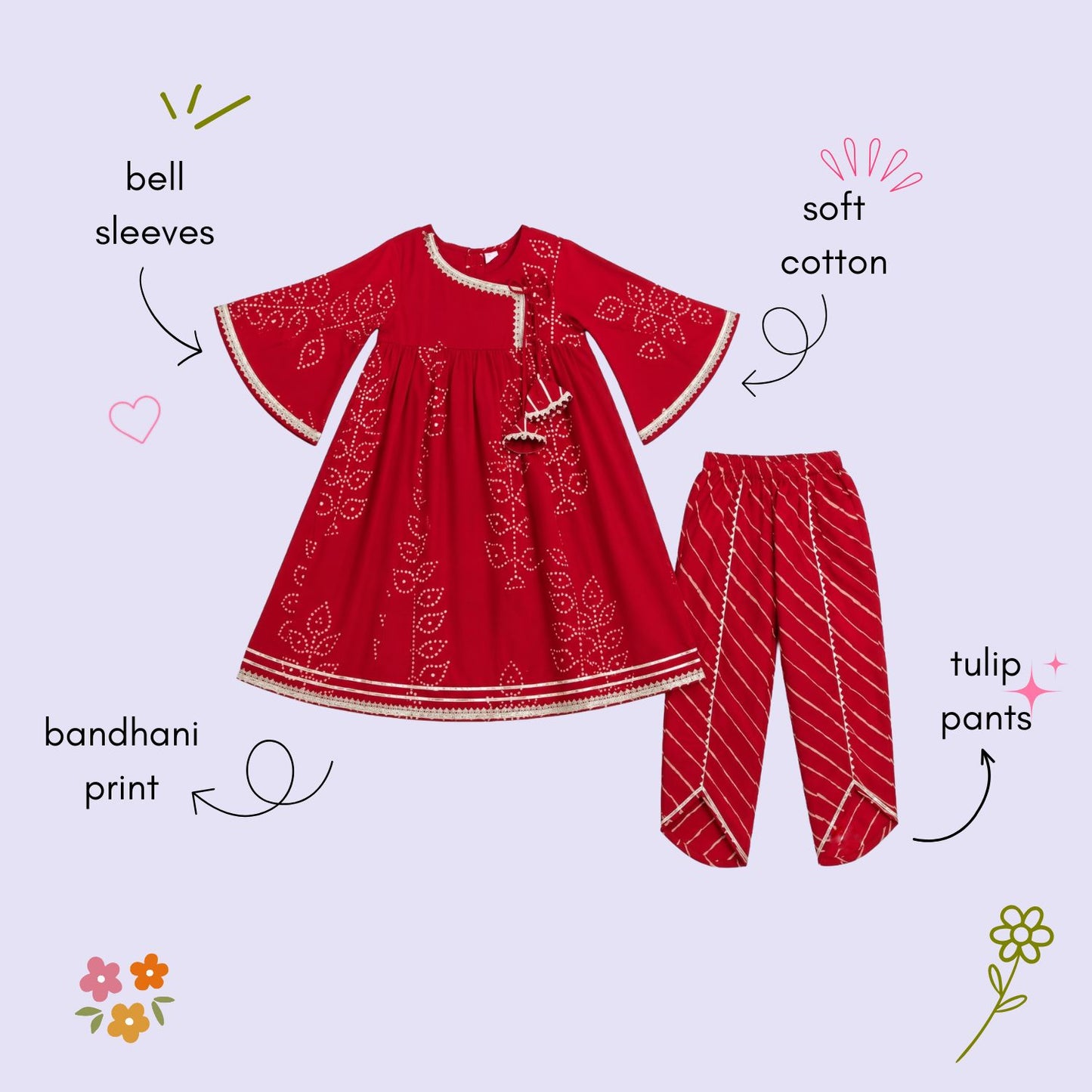 The Magic Wand Cambric Woven Bell Sleeves Bandhani Gathered Kurta And Tulip Pant Set - Red