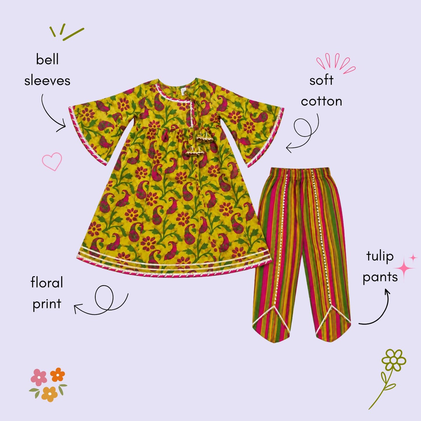 The Magic Wand Cambric Woven Bell Sleeves Floral Paisley Gathered Kurta And Tulip Pant Set - Yellow