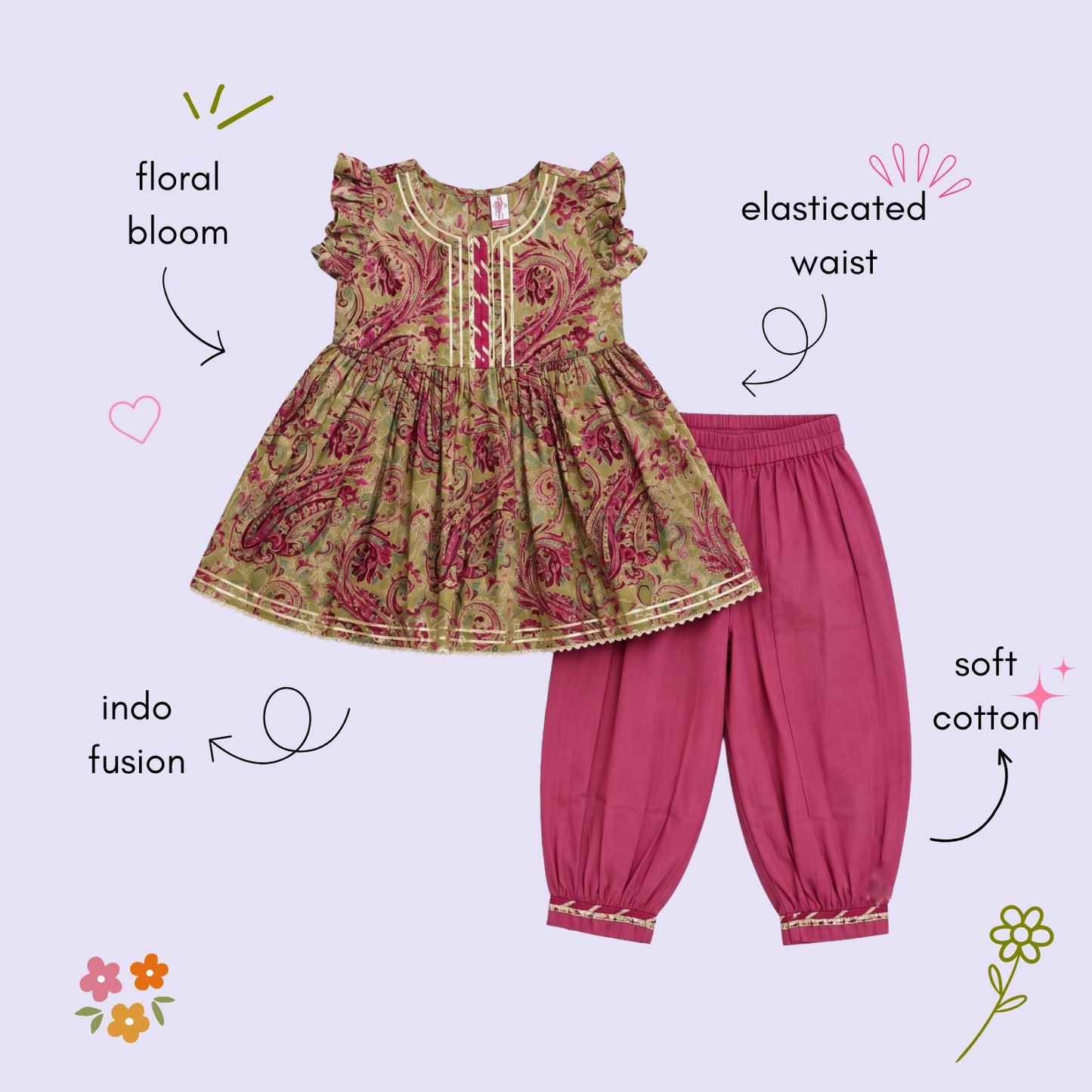 The Magic Wand Cambric Woven Floral Printed Gathered Top And Afghani Pant Set - Pink