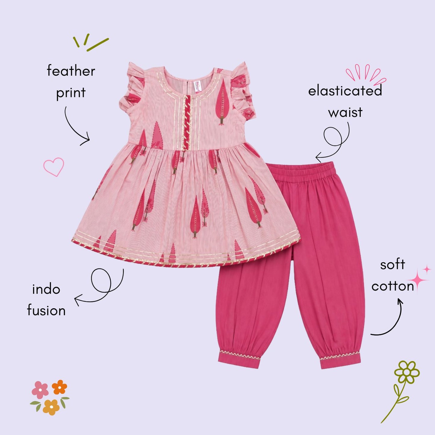 The Magic Wand Cambric Woven Buta Printed Gathered Top And Afghani Pant Set - Pink