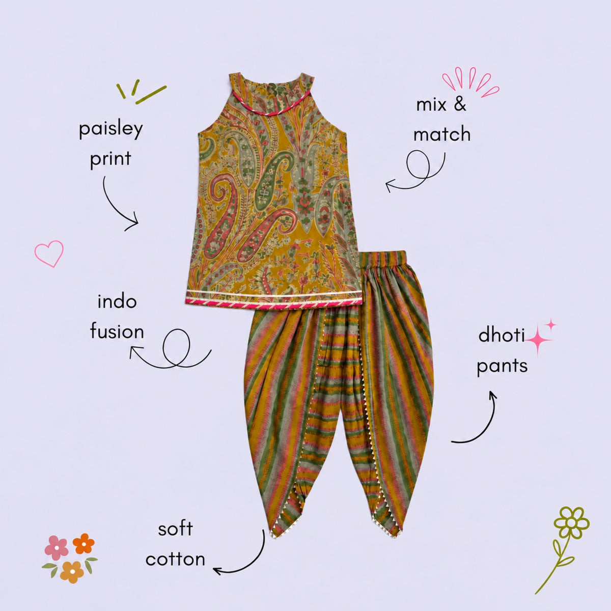 The Magic Wand Cambric Woven Paisley Incut Kurti And Stiped Dhoti Set - Mustard