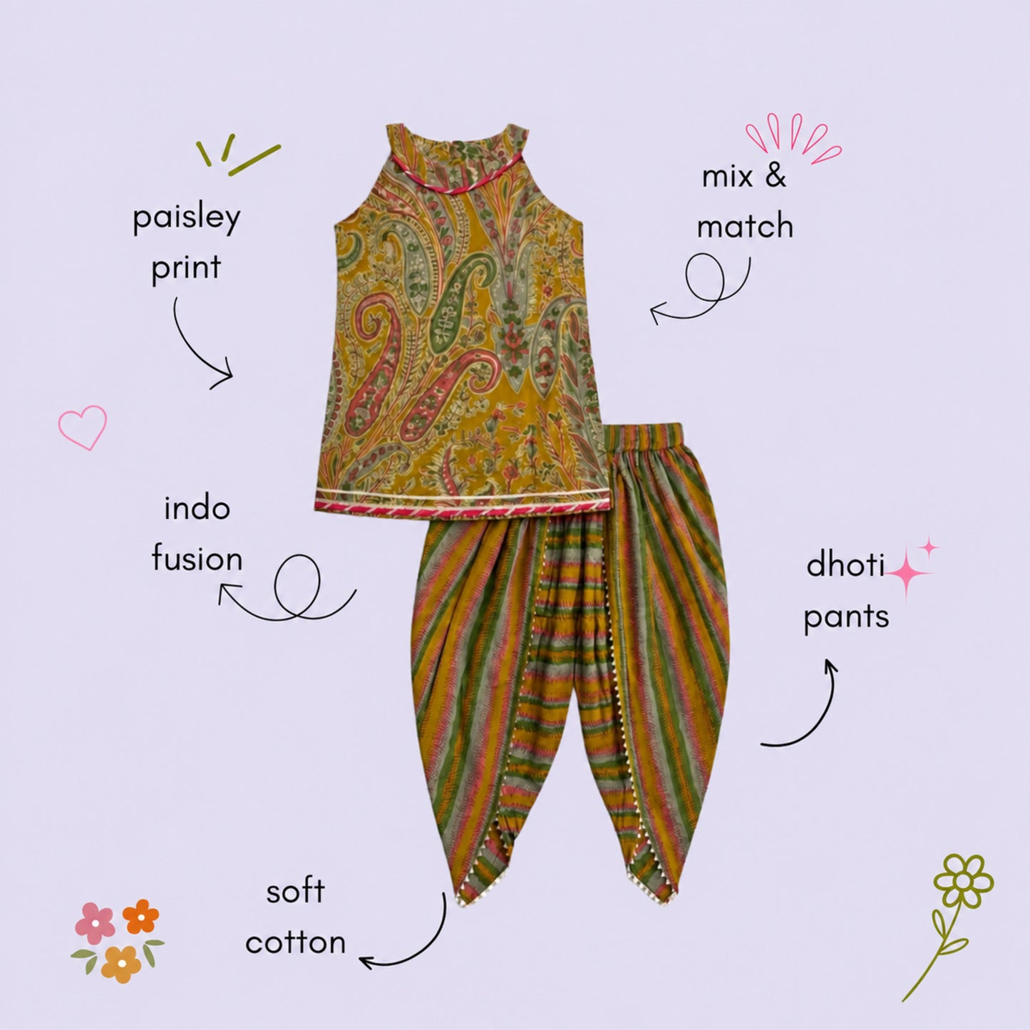 The Magic Wand Cambric Woven Paisley Incut Kurti And Stiped Dhoti Set - Mustard