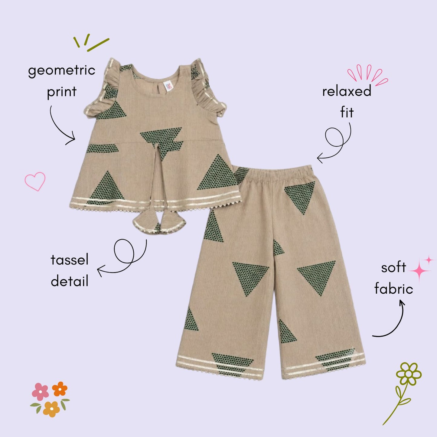 The Magic Wand Cambric Woven Frill Sleeves Geometric Printed Top And Pant Set - Green