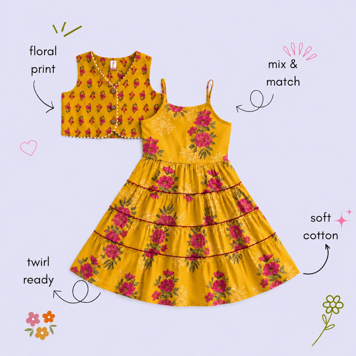 The Magic Wand Cambric Woven Floral Printed Tiered Dress And Waistcoat - Yellow