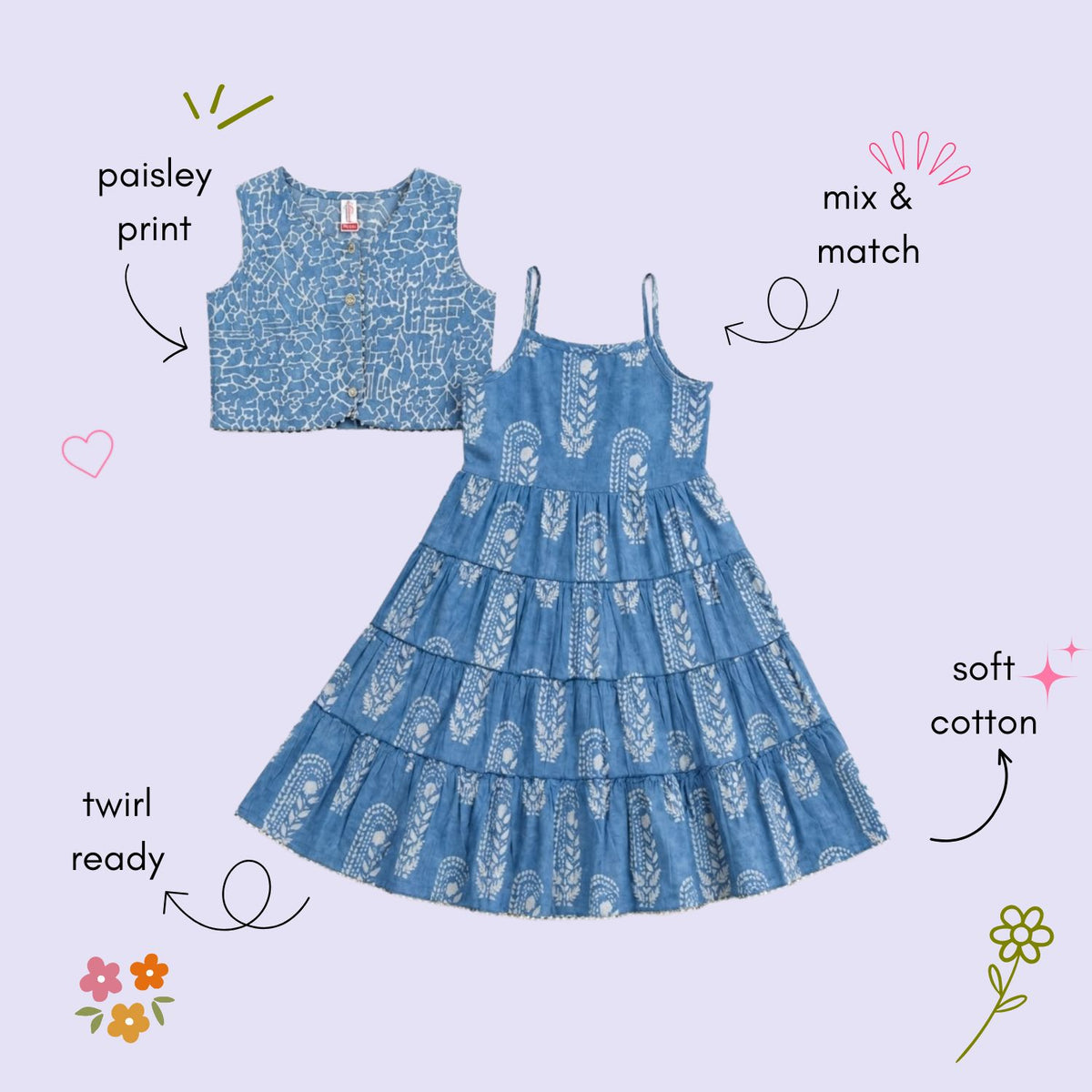 The Magic Wand Cambric Woven Paisley Printed Tiered Dress And Stripe Waistcoat - Blue