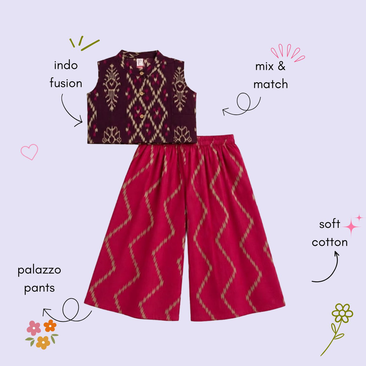The Magic Wand Cotton Woven Ikat Printed Waiscoat And Chevron Printed Palazzo - Fuchsia