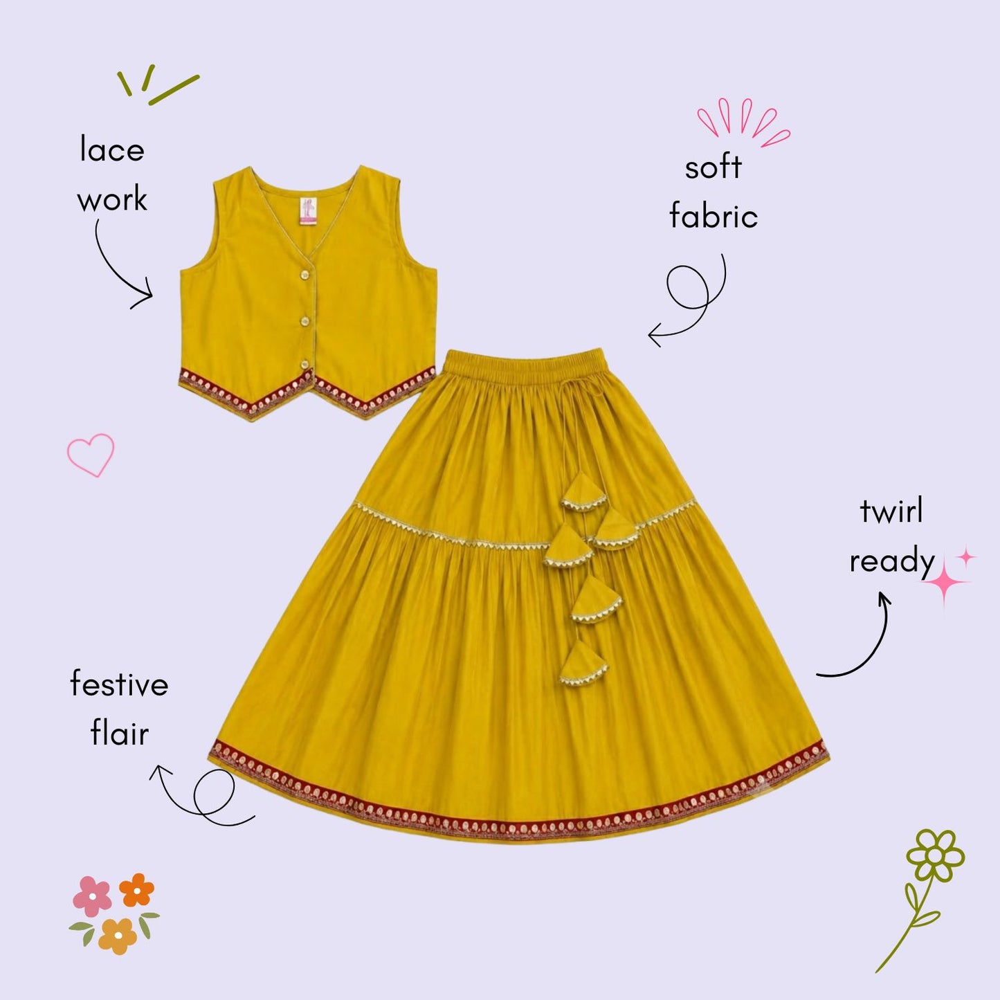 The Magic Wand Woven Sleeveless Contrast Lace Waistcoat Style Choli And Lehenga Set - Yellow