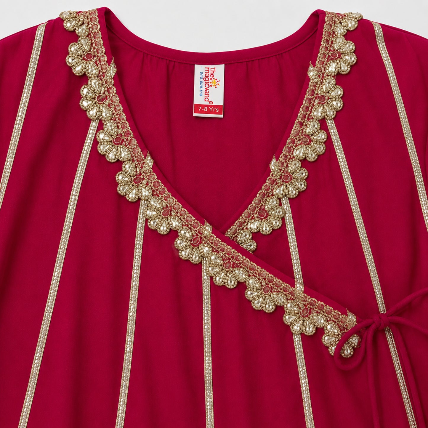 The Magic Wand Woven Three Fourth Sleeves Gota Laced Angrakha Kurta And Contrast Pant Set - Fuchsia