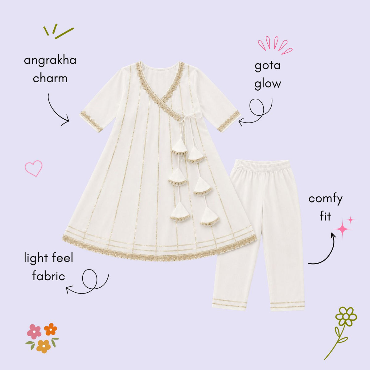 The Magic Wand Woven Three Fourth Sleeves Gota Laced Angrakha Kurta And Pant Set - White