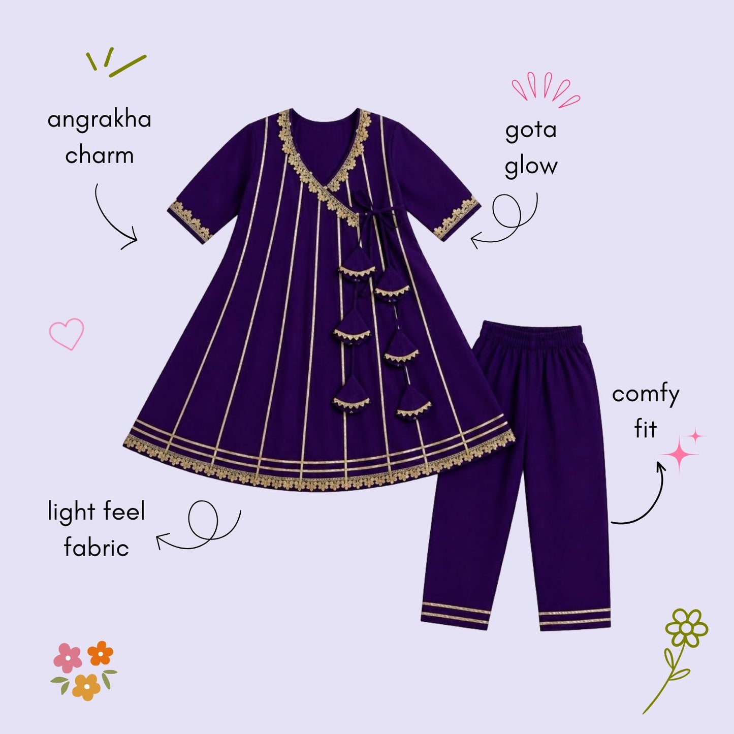 The Magic Wand Woven Three Fourth Sleeves Gota Laced Angrakha Kurta And Pant Set - Purple