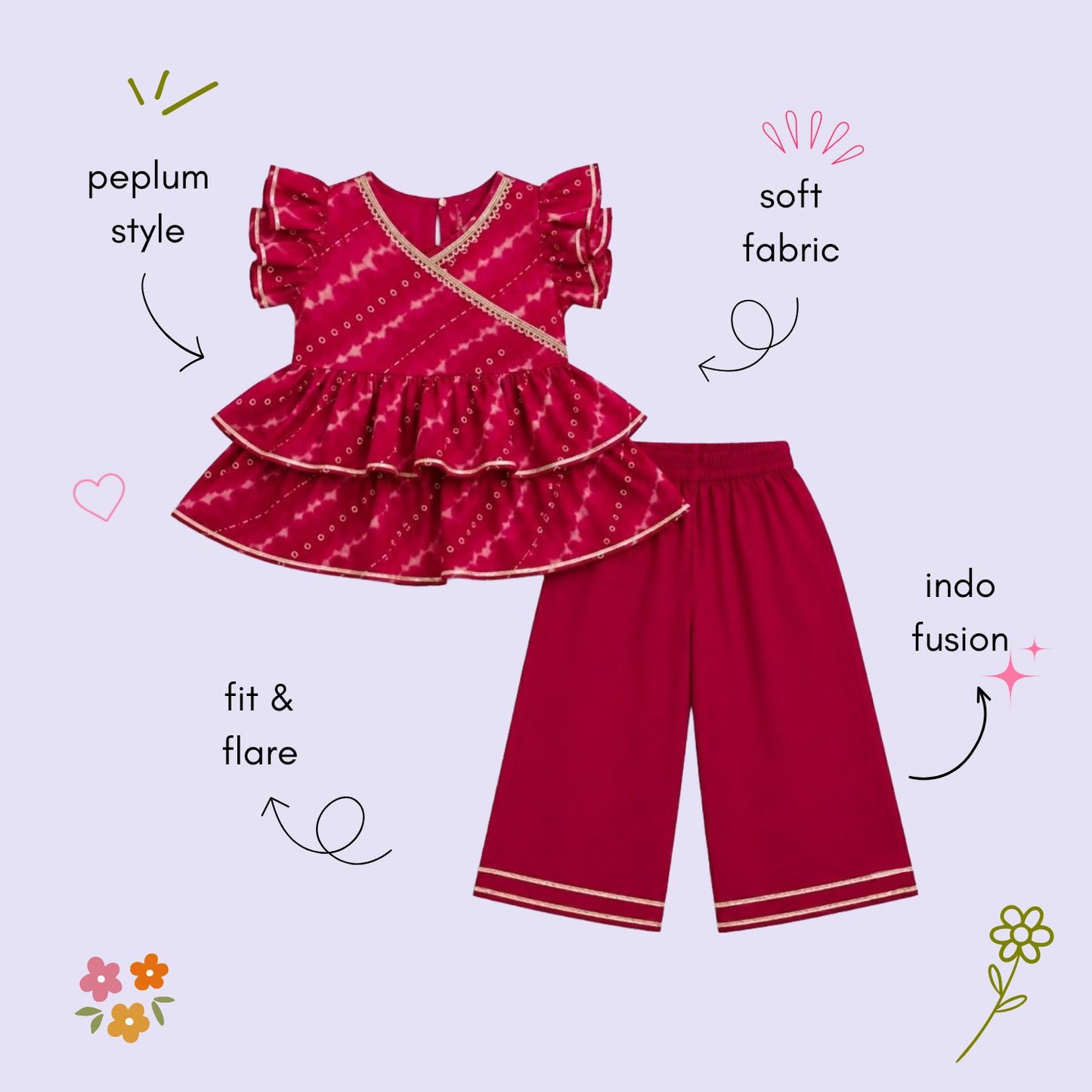 The Magic Wand Cambric Woven Ruffle Sleeves Leheriya Printed Layered Peplum Top And Pant Set - Fuchsia