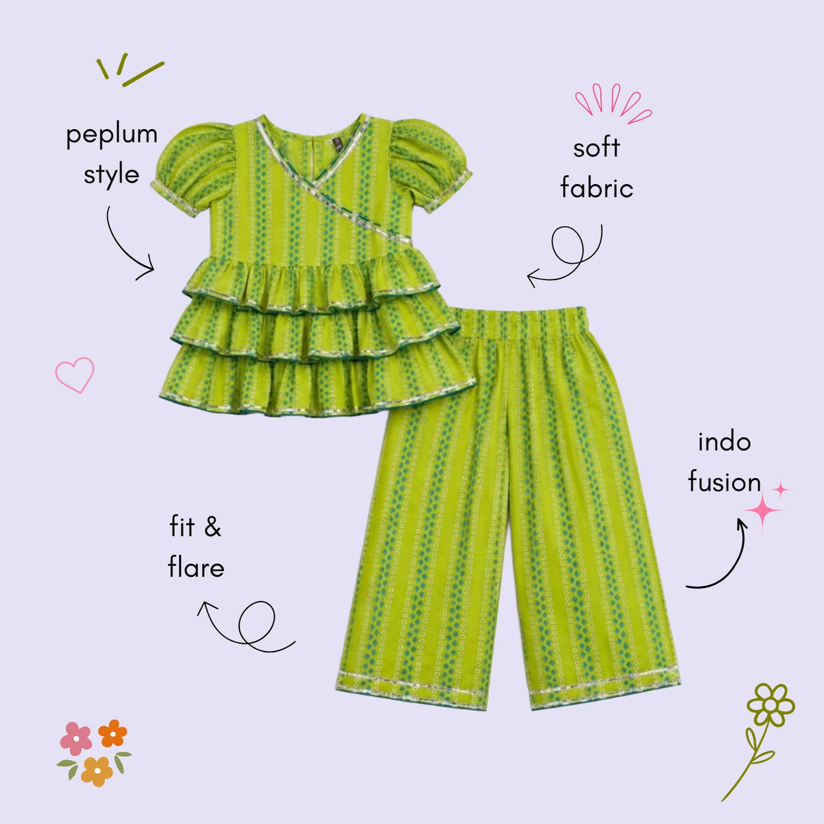 The Magic Wand Cambric Woven Ruffle Sleeves Buti Stripe Printed Layered Peplum Top And Pant Set - Green