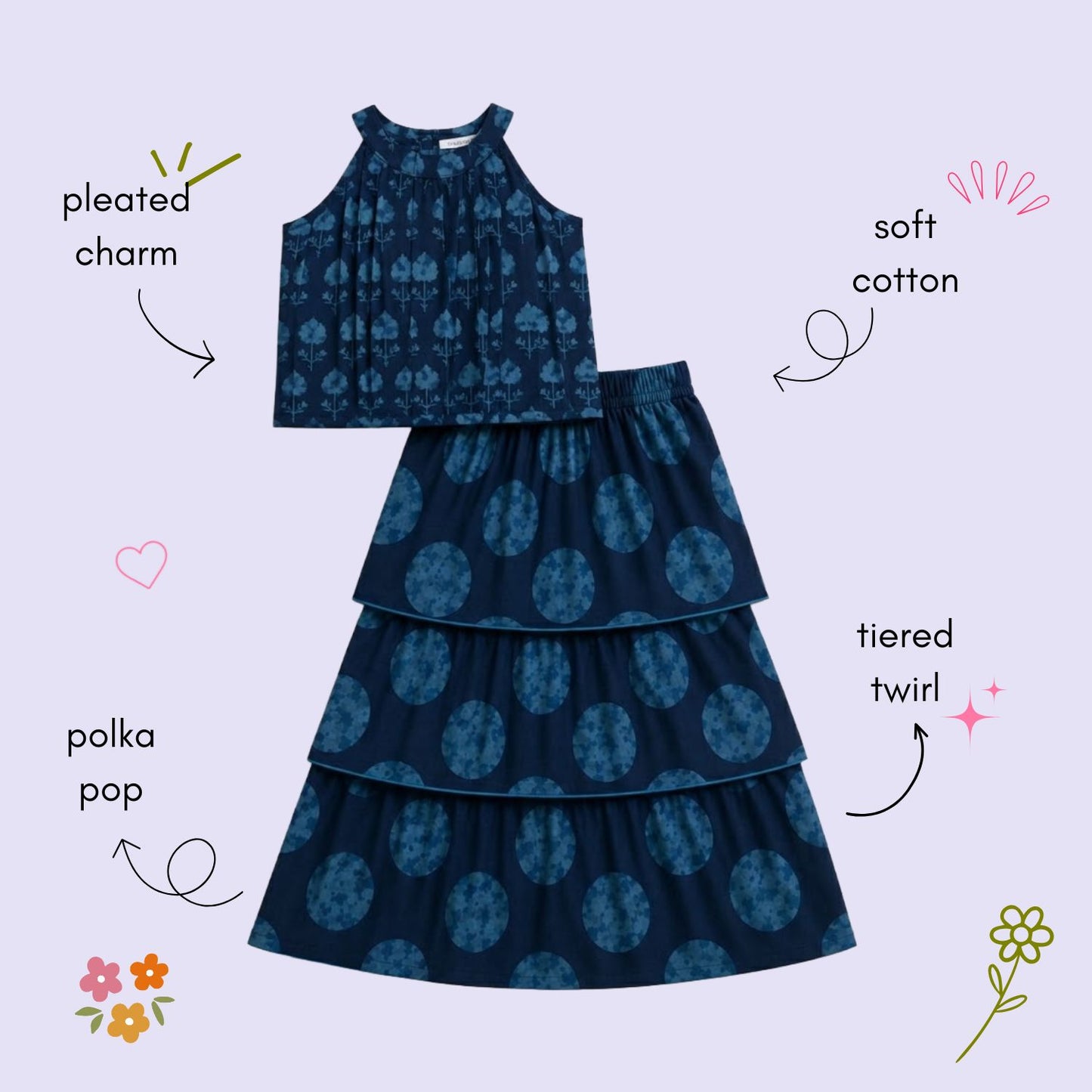 The Magic Wand Cambric Woven Tree Printed Crop Top And Oversized Polka Dots Tiered Skirt Set - Navy Blue