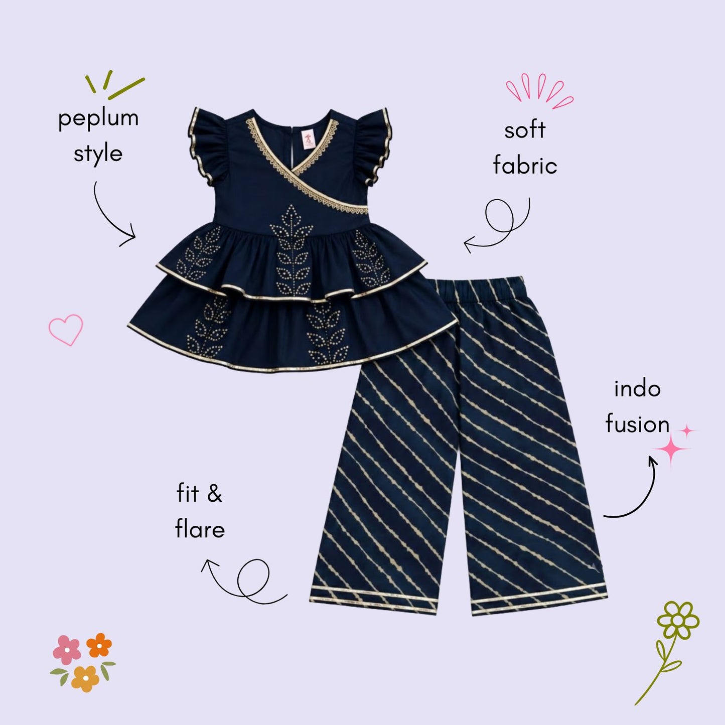 The Magic Wand Cambric Woven Ruffle Sleeves Leheriya Printed Layered Peplum Top And Pant Set - Navy Blue