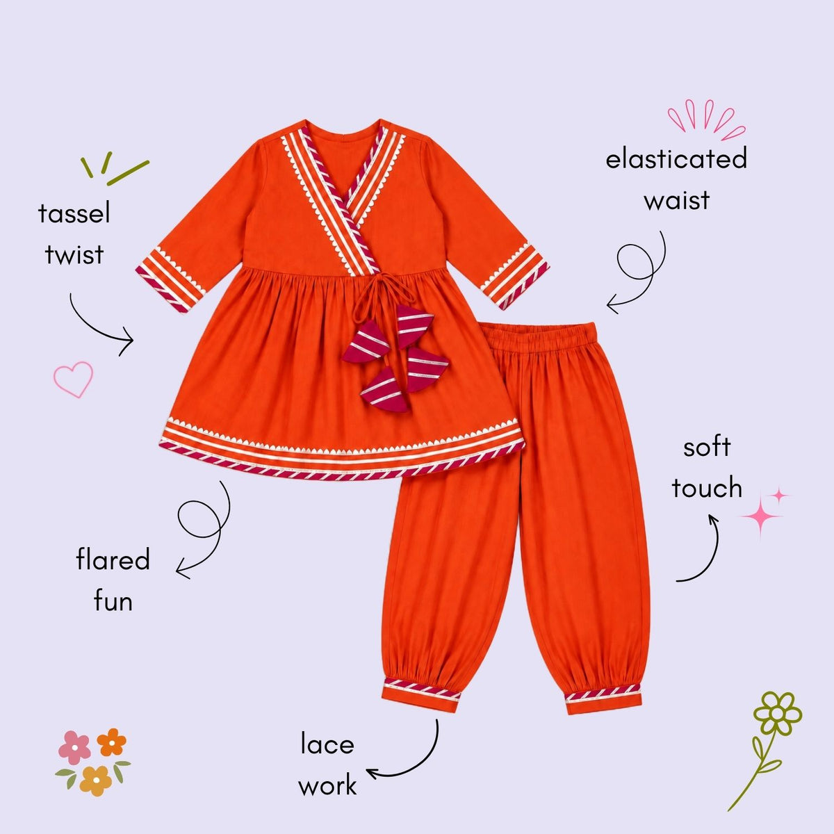 The Magic Wand Woven Three Fourth Sleeves Gota Lace Embellished Tassel Detailed Kurti And Afghani Pant Set - Orange