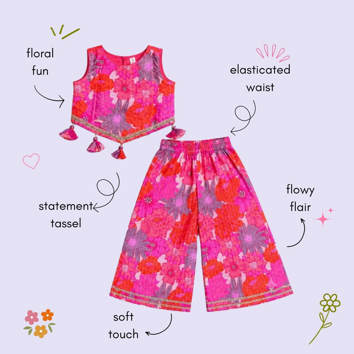 The Magic Wand Woven Sleeveless Ethnic Motif Printed And Sequin Embellished Tassel Detail Top And Palazzo Set - Pink