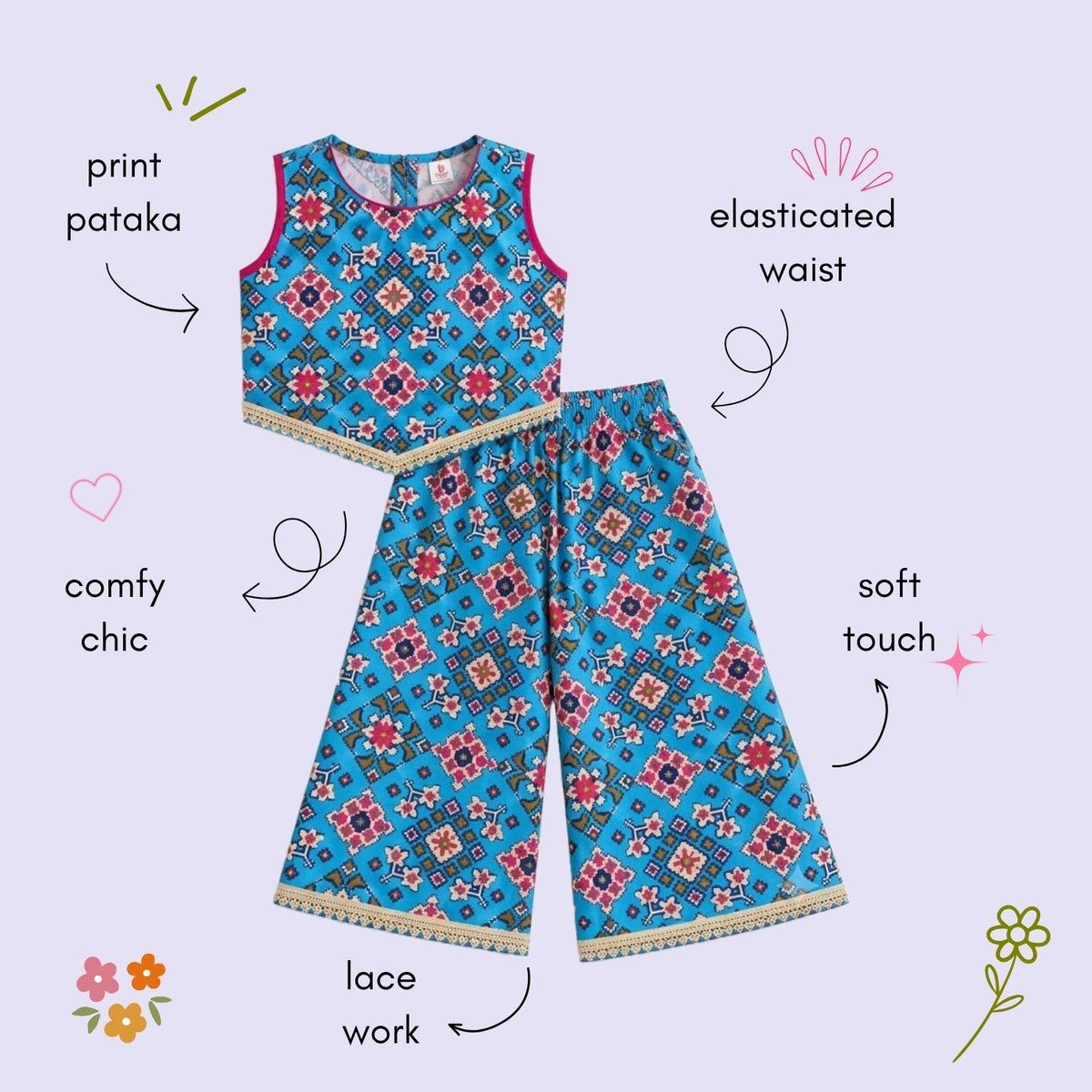 The Magic Wand Woven Sleeveless Ethnic Motif Printed Lace Detail Top And Palazzo Set - Blue