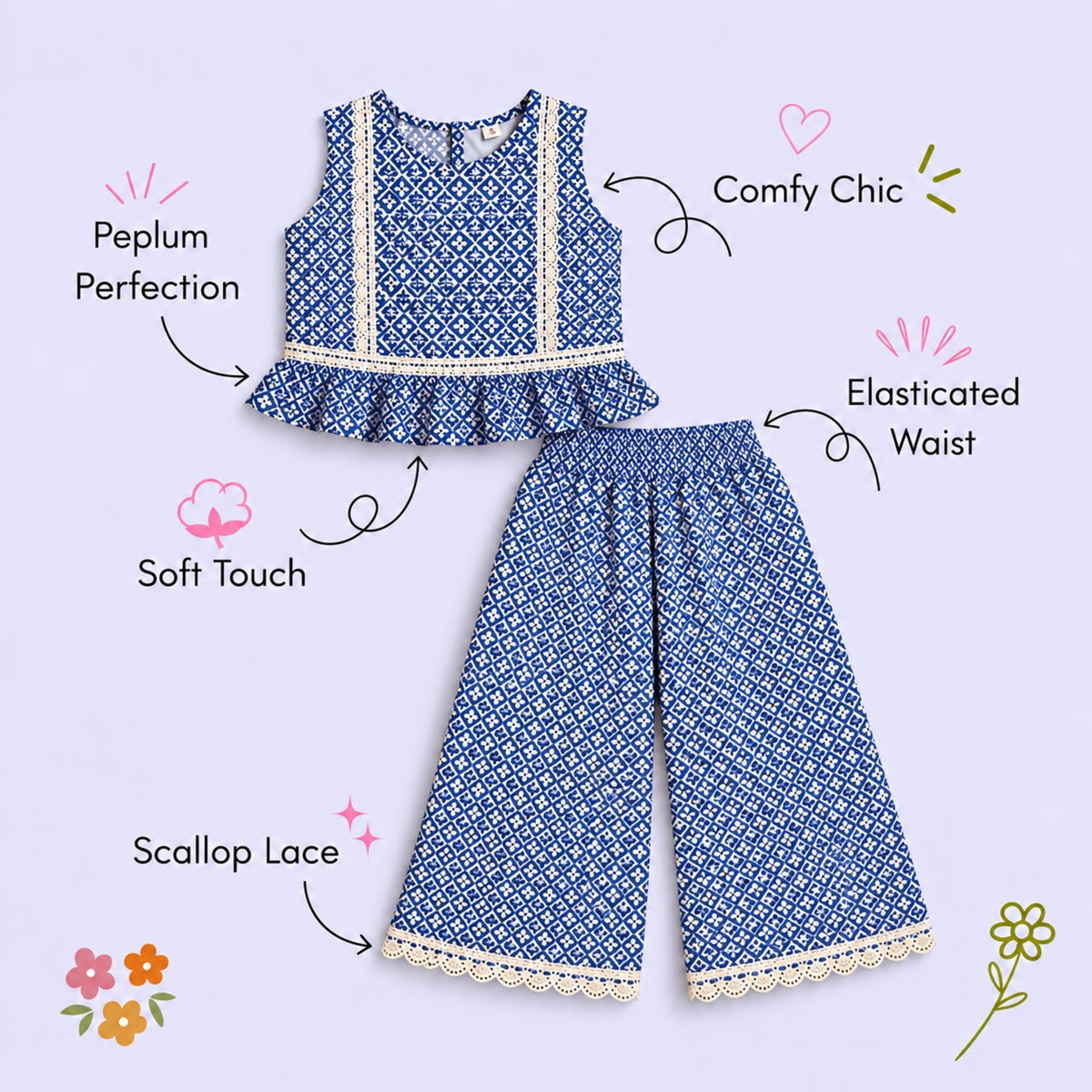 The Magic Wand Woven Sleeveless Printed Lace Detail Coordinating Top And Palazzo Set - Blue