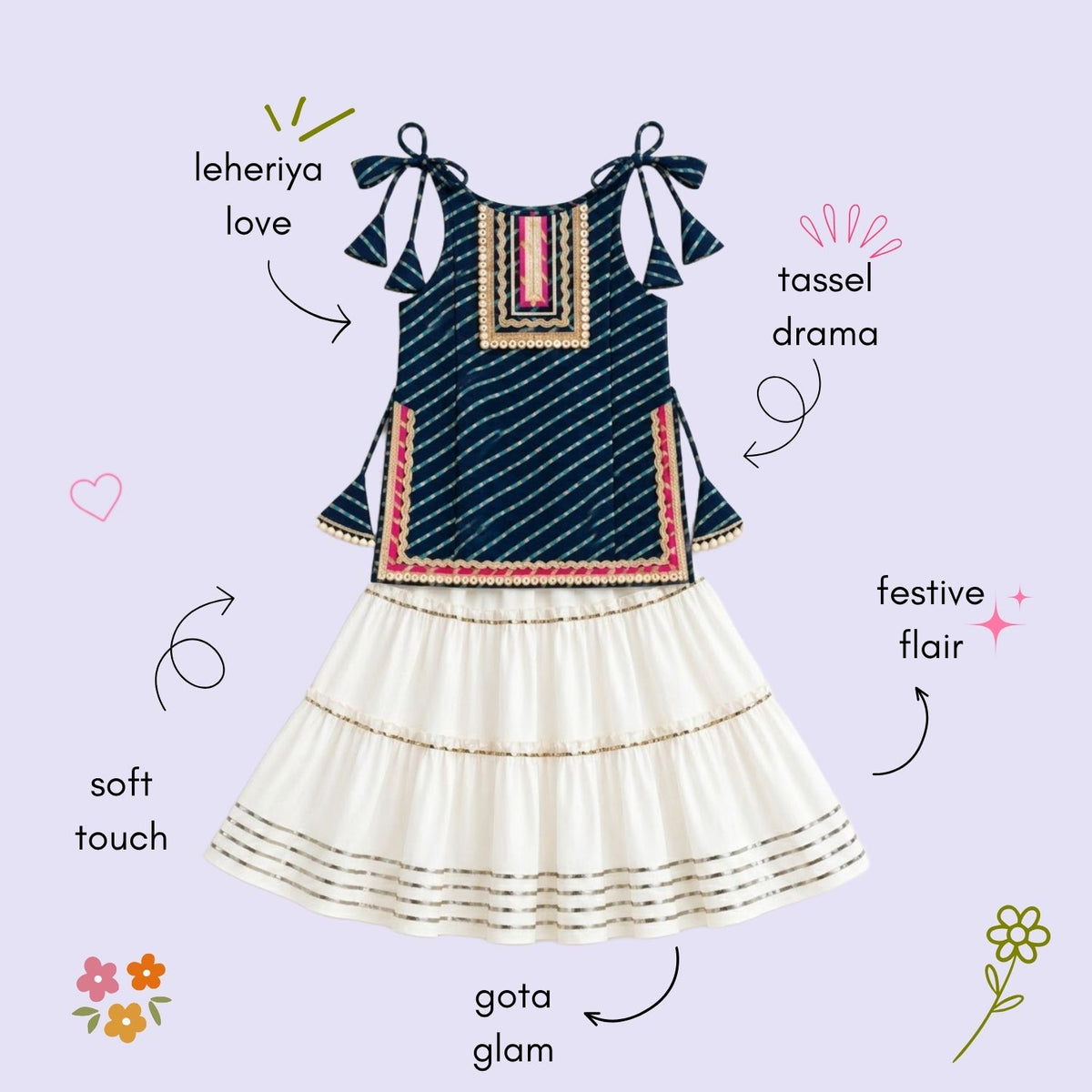 The Magic Wand Cotton Woven Cambric Leheriya Printed Laced And Tassel Detail Shoulder Tie-Up Kurti And Rayon Skirt Set - Navy Blue